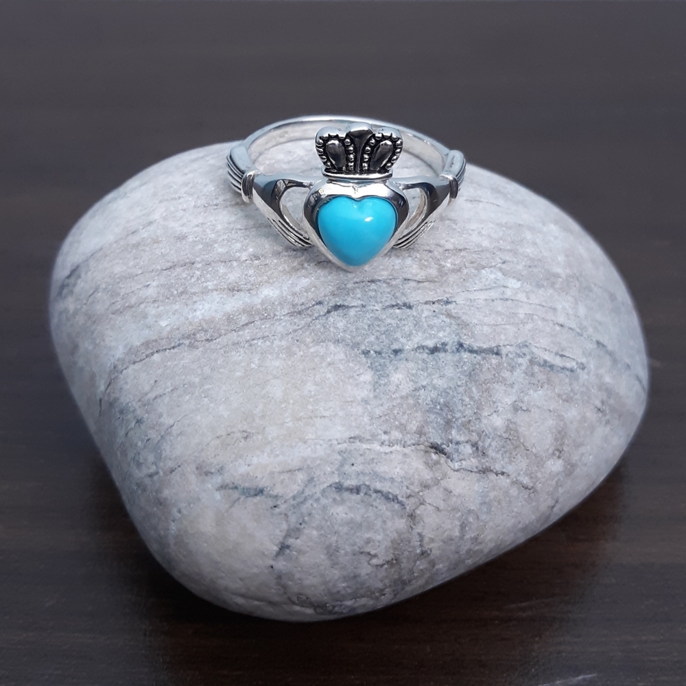 Sz 9 JMH Ireland Claddagh Ring Sterling Silver Sleeping Beauty Turquoise Heart - Picture 14 of 16